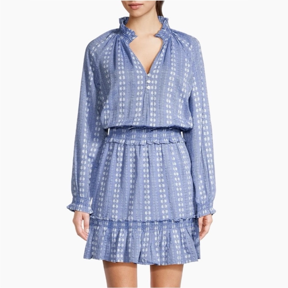 Veronica Beard Espie Cotton Smocked Ruffled Embroidered Minidress Sz XS
